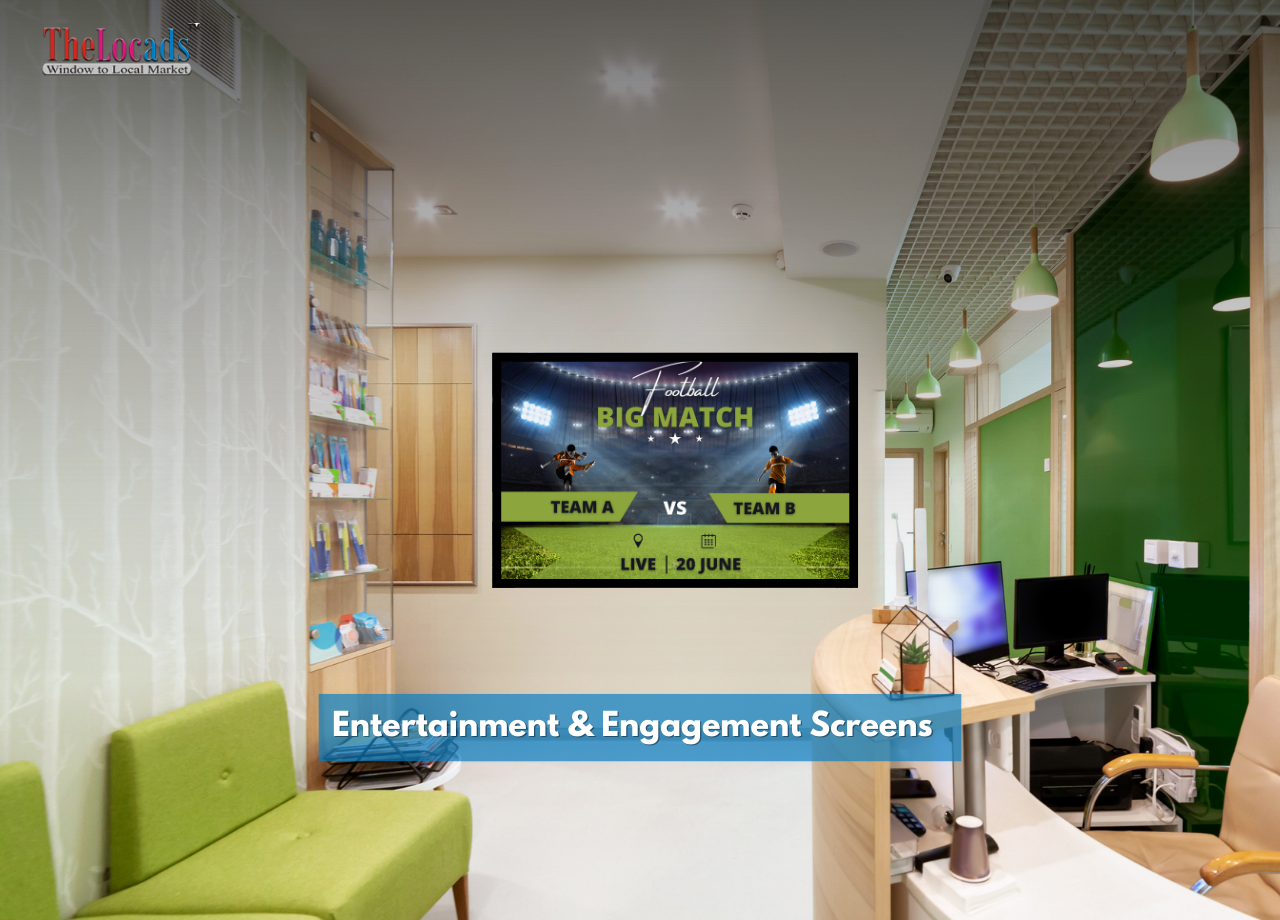 Large digital screen in a waiting area displaying a live football match to entertain and engage visitors.